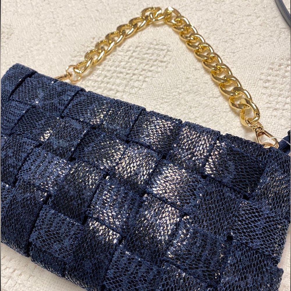 NEW convertible purse handbag faux snake woven crossbody navy blue chain shoulde